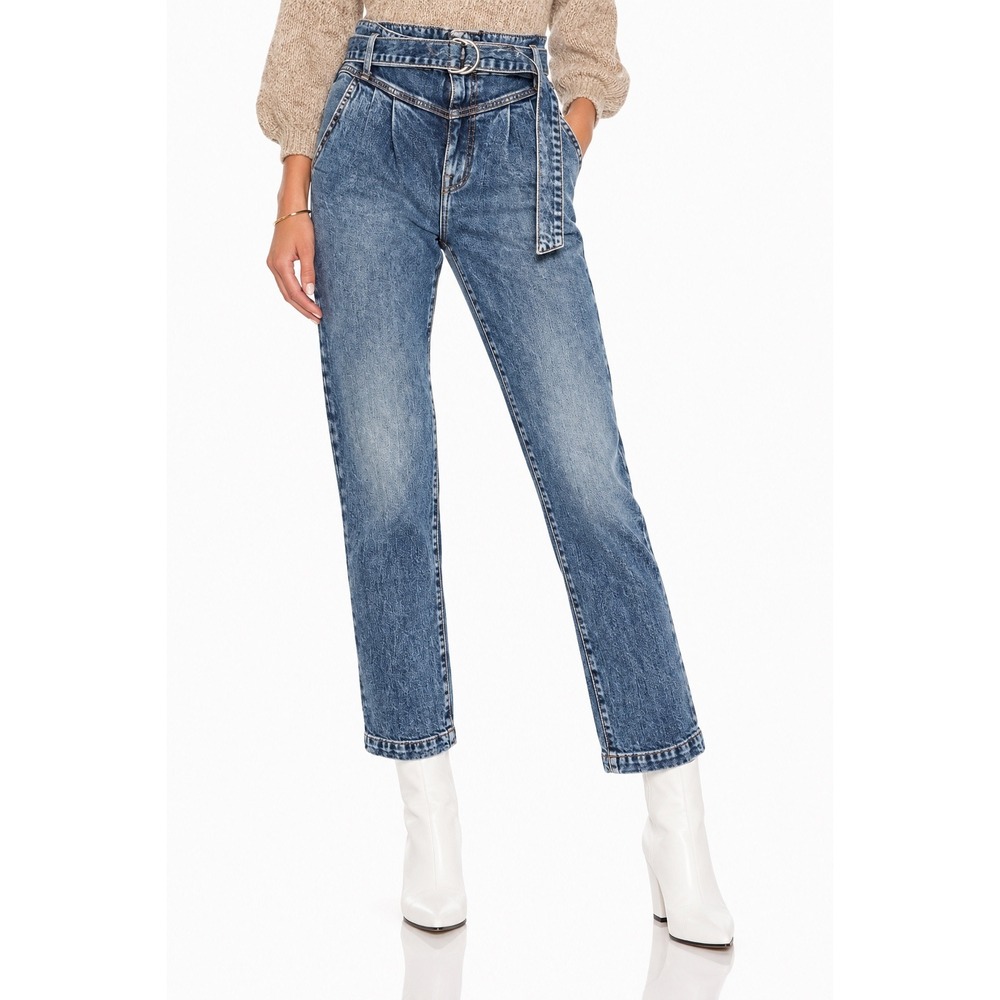 Jonathan Simkhai Standard Theo Belted Pleated High Rise Jeans Blue Denim 27
